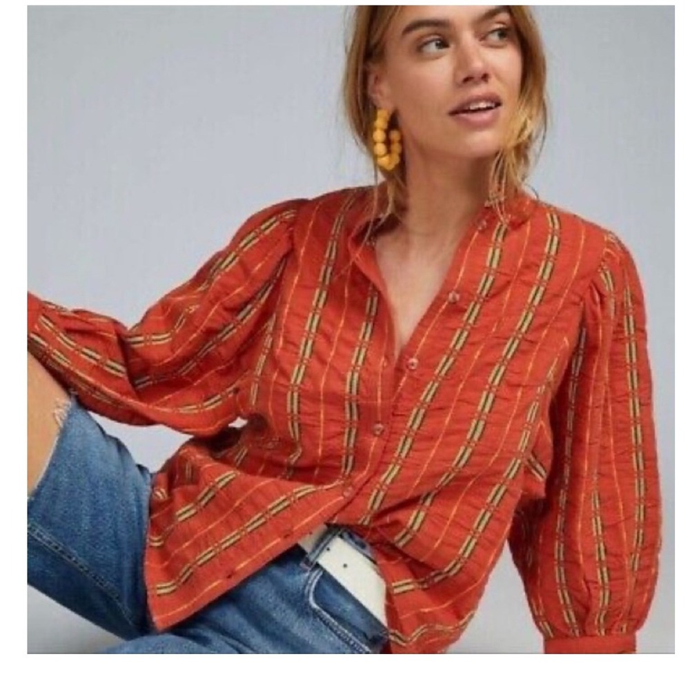 Pilcro Anthropologie Embroidered Puff Sleeve Button Down Blouse Orange Medium